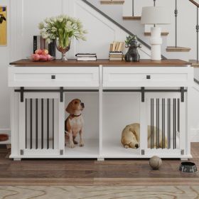 63'' Large Dog Crate Furniture For Double Dog, Wooden Dog Kennel With 2 Drawers,Divider And Sliding Door, Water Resistant Indoor Pets Furniture S (Option: Brown white)